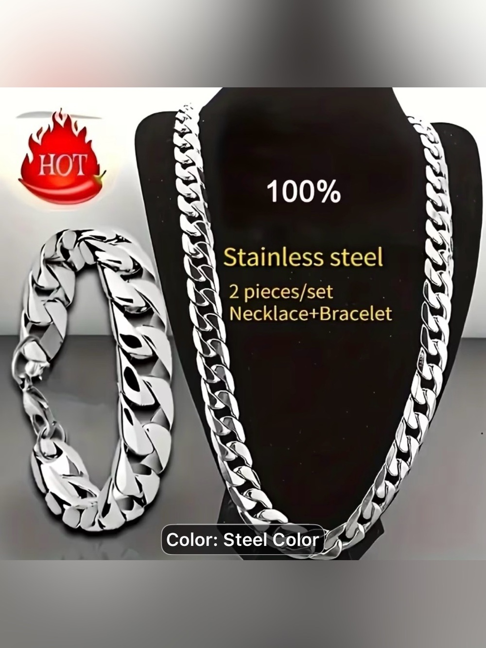 2PCD Stainless Steel Cuban Link Necklace & Bracelet Set - Steel Color